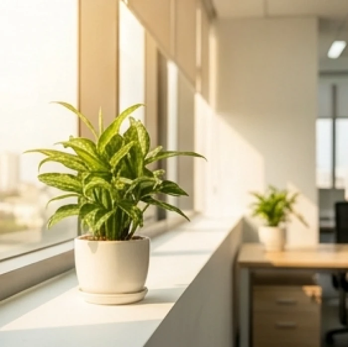 Chậu cây cảnh văn phòng được đặt đón ánh nắng sáng dịu nhẹ bên khung cửa sổ để quang hợp tự nhiên