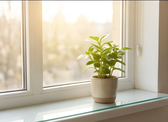 Chậu cây cảnh mini đang được đặt trên bệ cửa sổ kính trong suốt để đón nhận những tia nắng sáng dịu nhẹ của buổi sớm