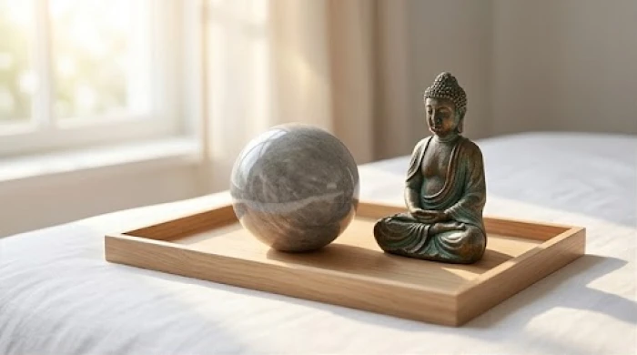 Quả cầu đá và tượng nhỏ đang được phơi trên khay sạch dưới ánh nắng ban mai dịu nhẹ bên khung cửa