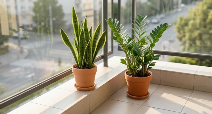 Chậu cây Lưỡi Hổ và Kim Tiền được đặt cạnh bậu cửa sổ đón ánh nắng sáng dịu nhẹ ban mai để quang hợp tốt
