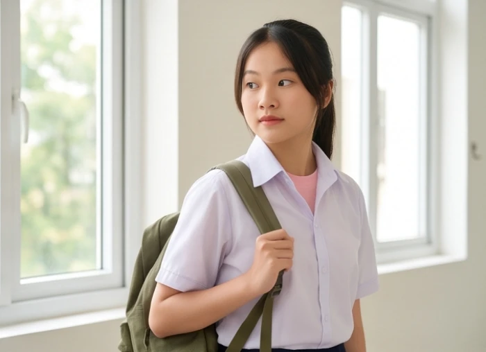 Học sinh Kỷ Sửu mặc sơ mi trắng đồng phục phối áo lót hồng nhạt bên trong cùng cặp xách xanh rêu