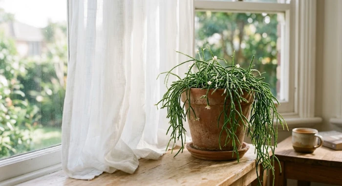 Chậu cây Phong Lộc đặt bên bậu cửa sổ đón ánh sáng gián tiếp mỗi buổi sáng giúp cụm hoa đỏ thắm bền màu
