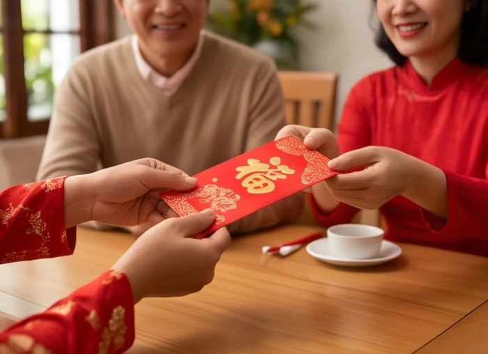 Gia chủ và vị khách nở nụ cười tươi trao phong bao lì xì đỏ trong ngày mùng 1 Tết
