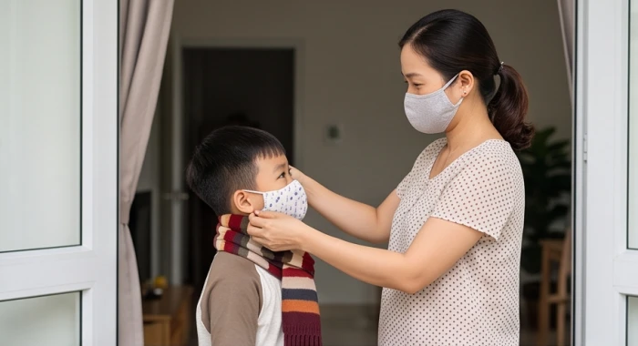 Người mẹ nhẹ nhàng đeo khẩu trang và lau tay sạch sẽ cho bé trai trước khi đến trường vào mùa lạnh