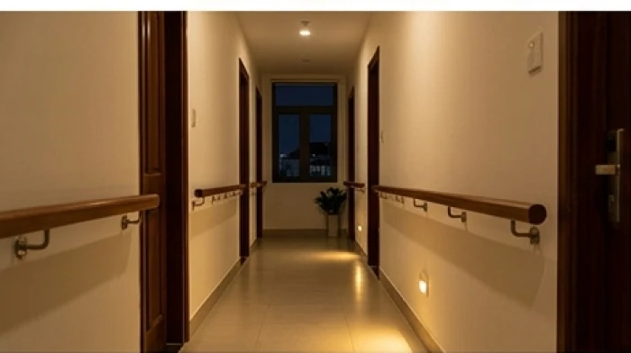 Hành lang trong nhà được thắp sáng bằng đèn ngủ và lắp đặt tay vịn dọc tường để bảo đảm an toàn