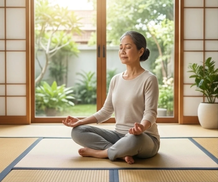 Phụ nữ tuổi trung niên thực hành các bài tập thiền định và yoga nhẹ nhàng giúp điều hòa khí huyết và giữ tâm an yên