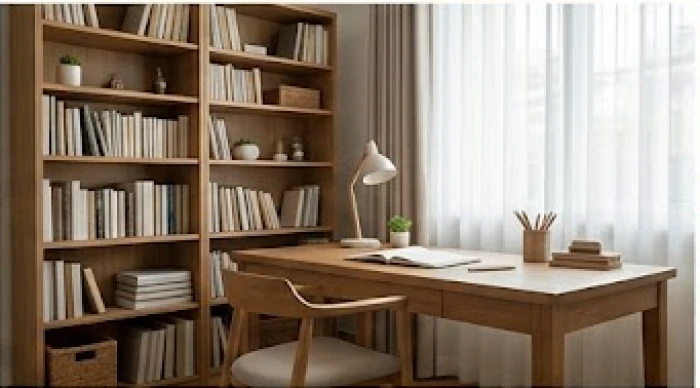 Góc học tập tĩnh lặng với bàn gỗ và kệ sách đặt ở hướng Phục vị trong phòng ngủ