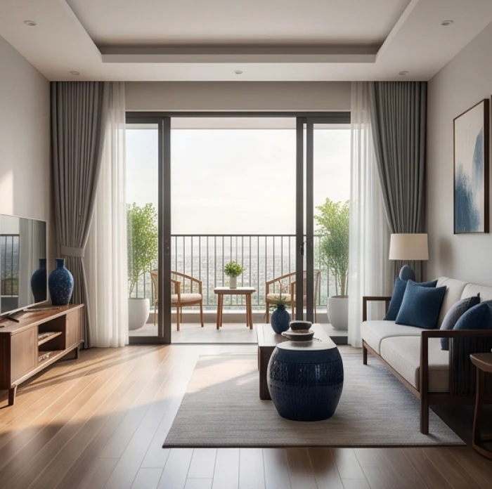 Phòng khách căn hộ tràn ngập ánh sáng tự nhiên với cửa chính mở về phương Đông Nam sinh vượng khí cho nam mạng