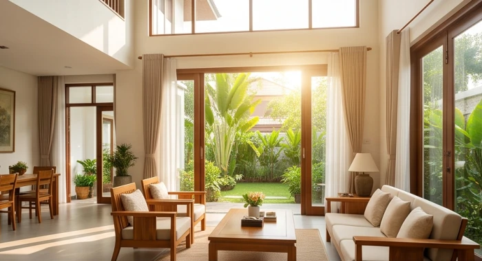 Không gian phòng khách hiện đại mở cửa đón trọn vẹn luồng sinh khí rực rỡ từ phương Nam