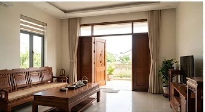 Phòng khách rộng rãi vuông vức được bố trí tại cung Sinh Khí đón trọn vẹn luồng gió tự nhiên thanh mát
