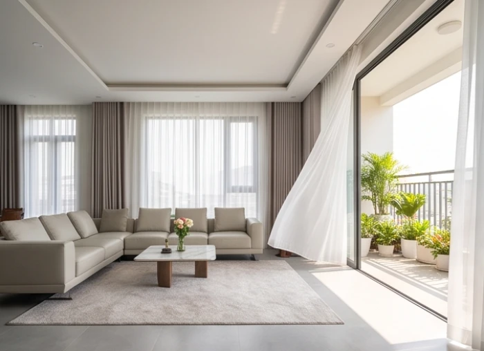 Không gian phòng khách rộng rãi mở ra ban công đón nắng ban mai, đại diện cho phương vị Sinh Khí mang lại tài lộc