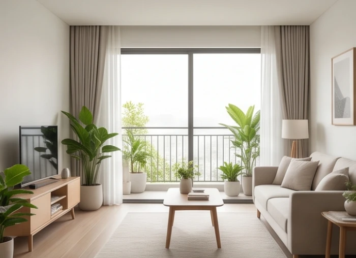Không gian phòng khách ngập tràn ánh sáng tự nhiên từ ban công hướng Đông mang lại sinh khí dồi dào