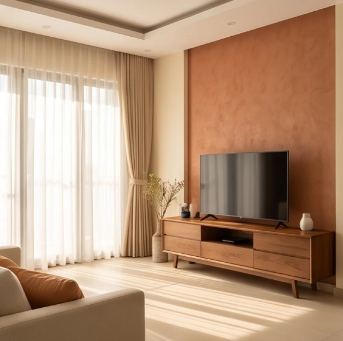 Không gian phòng khách màu kem be trang nhã với mảng tường điểm nhấn màu cam đất vượng tài lộc cho Mậu Dần 1998