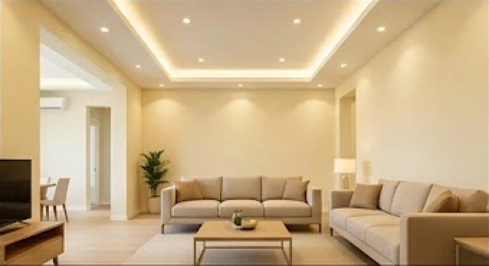 Phòng khách rộng rãi với nền tường vàng kem kết hợp hệ thống đèn hắt trần