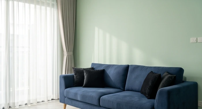 Phòng khách hài hòa với tường màu xanh pastel kết hợp bộ sofa xanh navy và gối tựa màu đen sang trọng