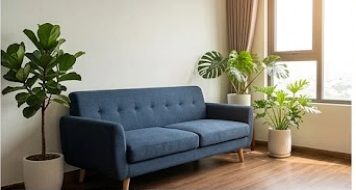 Không gian phòng khách được điểm xuyết bằng chiếc sofa xanh navy kết hợp chậu cây xanh tươi mát