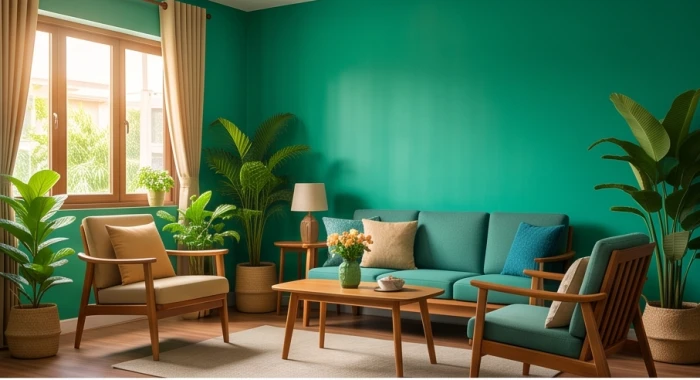 Không gian phòng khách được trang trí chủ đạo bằng màu xanh ngọc và cây xanh tương sinh cho hành Mộc