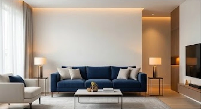 Phòng khách hiện đại phối theo tỷ lệ tường trắng xám sofa xanh biển và gối tựa cam ấm