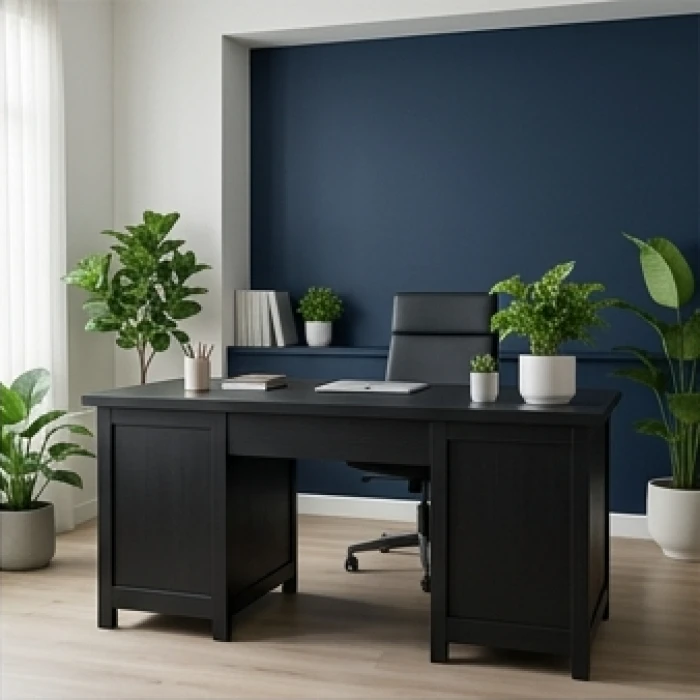 Phòng làm việc thanh lịch với nội thất bàn gỗ màu đen và mảng tường xanh dương cho người nhâm tý