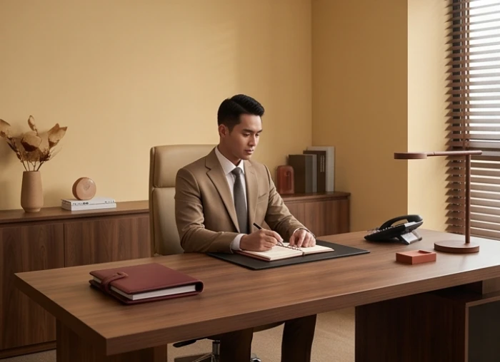 Phòng làm việc nam tính tường sơn màu vàng cát nhẹ nhàng cùng bàn gỗ nâu sẫm điểm xuyết sổ tay đỏ đô