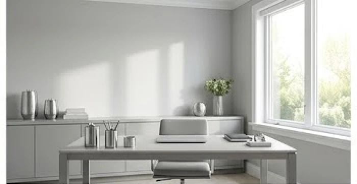 Góc làm việc hiện đại tràn ngập ánh sáng với sơn tường xám nhạt và nội thất kim loại