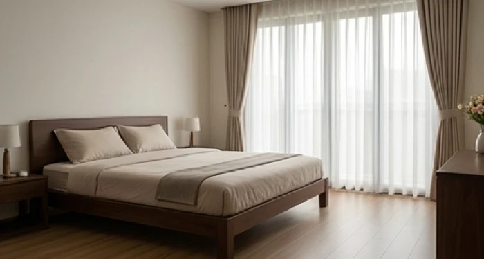 Giường ngủ êm ái với chiều cao vừa phải và lối đi thông thoáng dành riêng cho người cao tuổi.