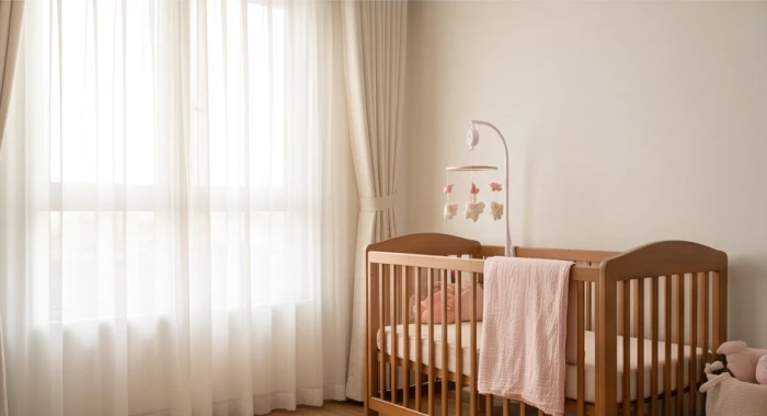 Phòng ngủ bé gái tuổi giáp thìn trang trí rèm voan mỏng dịu nhẹ cùng nội thất nôi gỗ bo tròn góc mềm mại