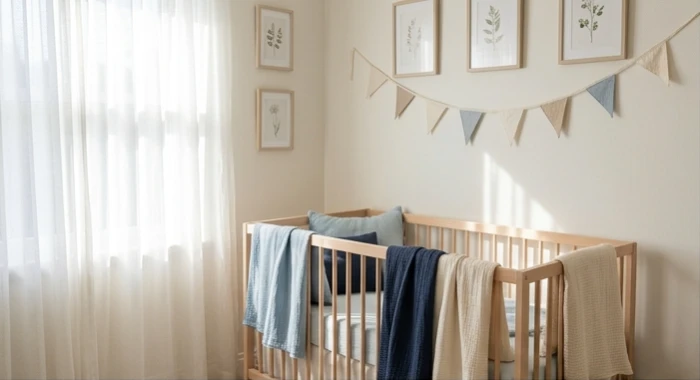 Góc nôi êm ái của bé gái được trang trí bằng rèm che và chăn quấn mang sắc xanh dương nhạt dịu mát