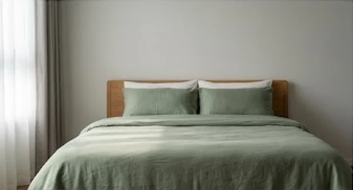 Đầu giường ngủ dựa sát vào bức tường vững chãi với chăn ga màu xanh lục