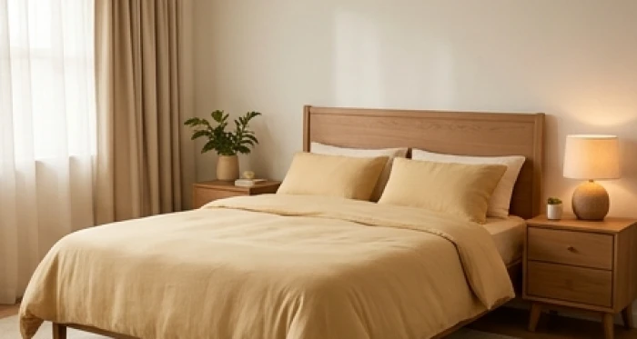 Thiết kế phòng ngủ sử dụng tông màu vàng cát và nâu nhạt mang lại cảm giác ấm cúng giúp làm dịu năng lượng Hỏa