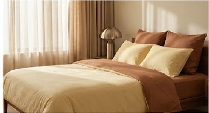 Không gian phòng ngủ được trang trí chủ đạo bằng màu nâu đất và vàng nhạt giúp nuôi dưỡng sinh khí cho gia đình người mệnh Kim