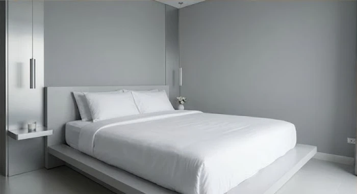 Không gian phòng ngủ được trang trí chủ đạo bằng gam màu trắng và xám giúp tạo cảm giác thư giãn