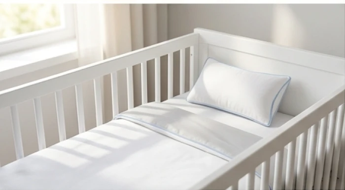 Nôi ngủ dành cho bé gái cung khảm trang bị ga trải giường màu trắng xám kết hợp gối ôm viền xanh dương nhạt