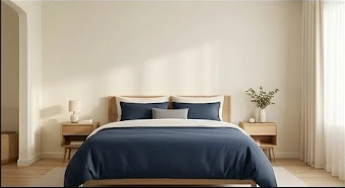 Phòng ngủ hiện đại phối tường màu trắng sữa cùng bộ ga gối màu xanh biển
