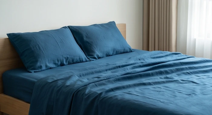Giường ngủ êm ái trải bộ ga gối màu xanh nước biển mang lại cảm giác bình yên và vô cùng thư thái