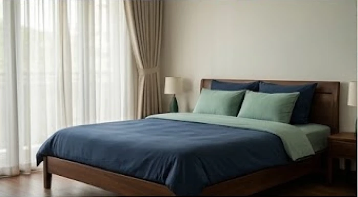 Phòng ngủ sang trọng với bộ chăn ga màu xanh nước biển đậm kết hợp bức tường rêu nhạt hợp phong thủy mệnh Mộc 1951