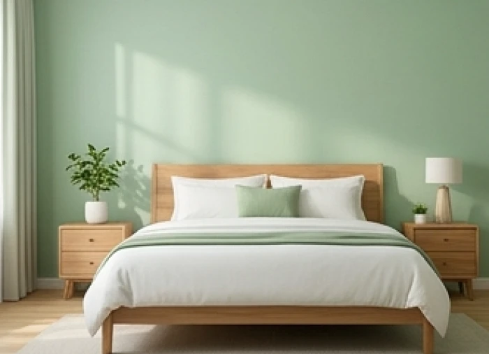 Căn phòng ngủ thoáng đãng có điểm nhấn là bức tường sơn màu xanh lục nhạt mang lại cảm giác thư giãn tuyệt đối