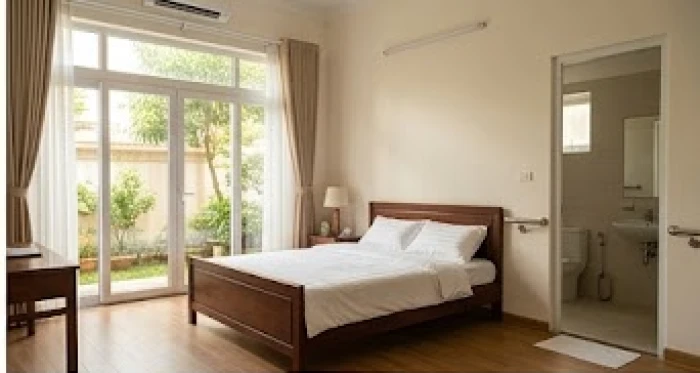 Phòng ngủ cho người cao tuổi có cửa sổ lớn đón ánh sáng tự nhiên và lối đi lại thông thoáng an toàn