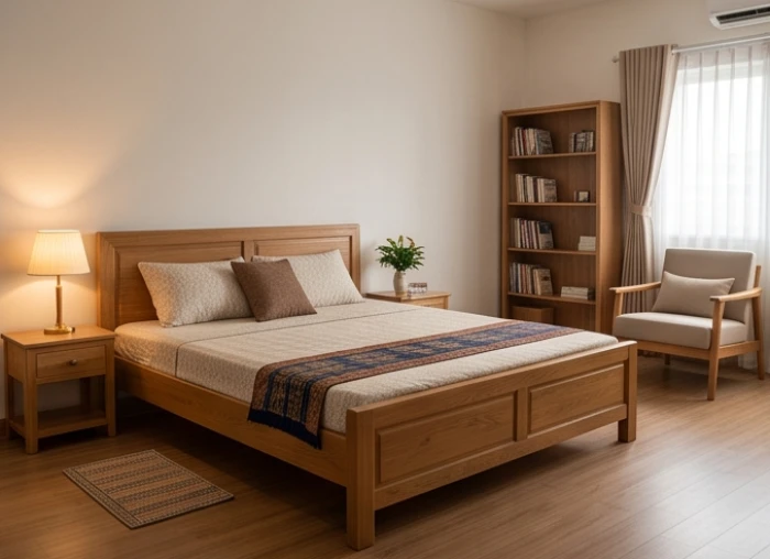 Phòng ngủ gọn gàng với ánh sáng ấm áp mang lại sự thư thái và tái tạo năng lượng cho người cao tuổi