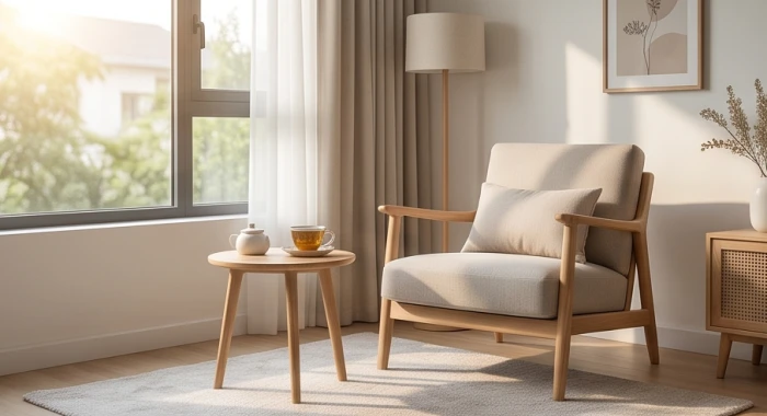 Góc nghỉ ngơi yên tĩnh với cửa sổ lớn đón nắng ấm hỗ trợ tái tạo năng lượng thể chất