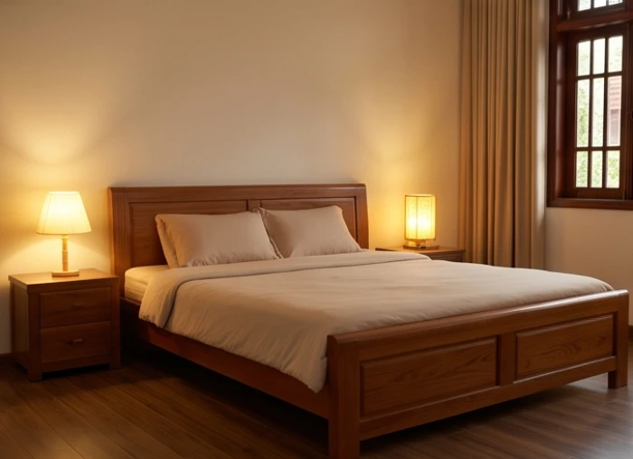 Phòng ngủ tĩnh lặng của người lớn tuổi với đèn ngủ ánh sáng vàng dịu và giường gỗ đặt cách xa thiết bị điện