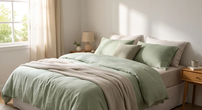 Không gian phòng ngủ êm ái với bộ chăn ga gối đệm màu xanh lá cây nhạt đón ánh sáng tự nhiên từ cửa sổ