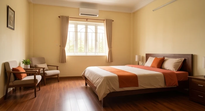 Không gian phòng ngủ lát sàn gỗ kết hợp bộ chăn ga gối đệm tông màu vàng kem và điểm xuyết sắc cam trầm