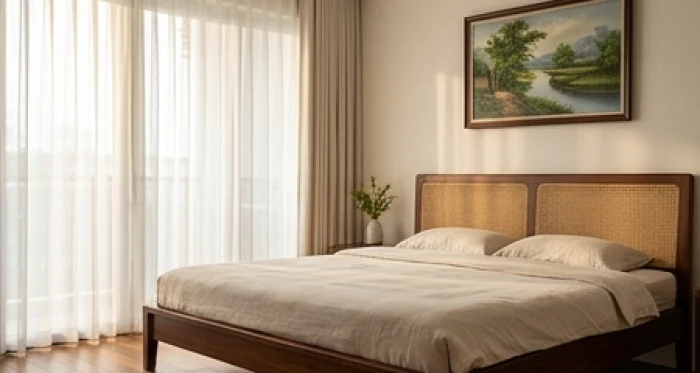 Phòng ngủ tràn ngập ánh sáng dịu nhẹ qua rèm cửa giúp xoa dịu xung khắc cho vợ chồng tuổi Thìn và tuổi Tuất