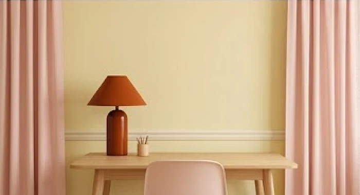 Căn phòng học ứng dụng quy tắc phối màu với tông nền kem sữa kết hợp điểm nhấn rèm cửa hồng pastel