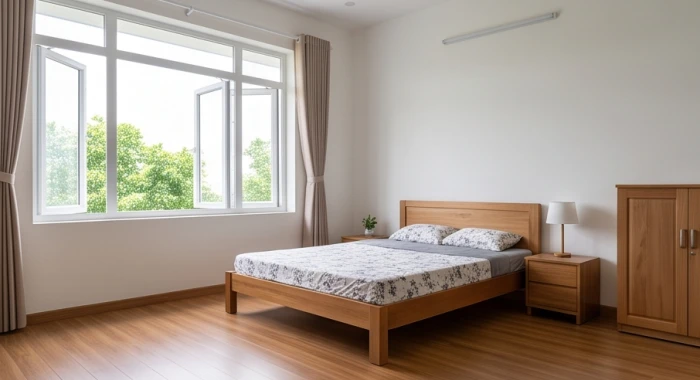 Phòng ngủ gọn gàng thông thoáng với cửa sổ mở rộng giúp lưu thông Thủy khí cho người mệnh Tuyền Trung Thủy