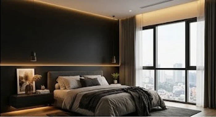 Phòng ngủ sử dụng mảng tường đen làm điểm nhấn được cân bằng bằng hệ thống đèn vàng
