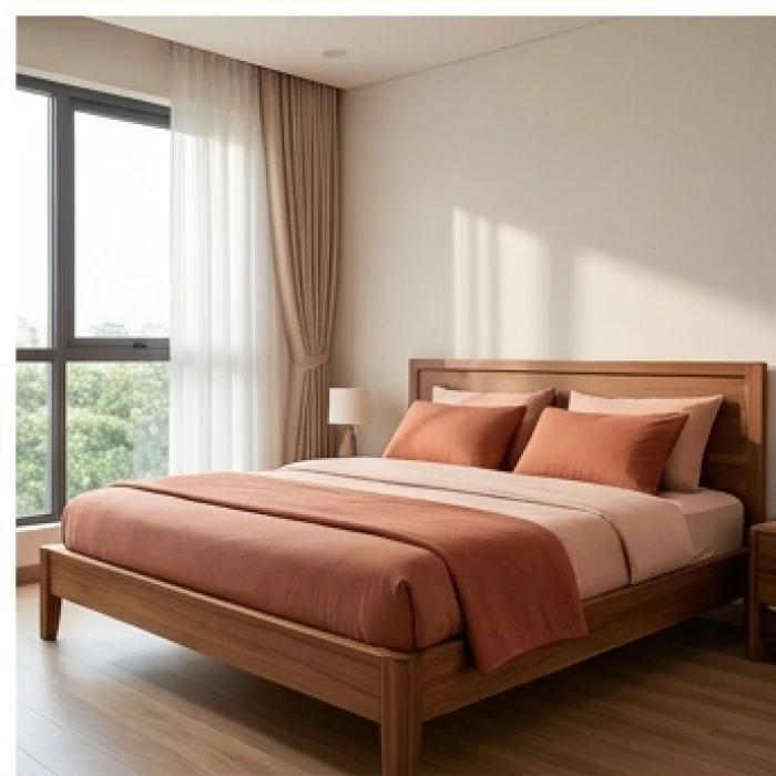 Phòng ngủ vợ chồng trang trí bộ chăn ga màu cam đất và hồng phấn hài hòa năng lượng hành Hỏa trung gian