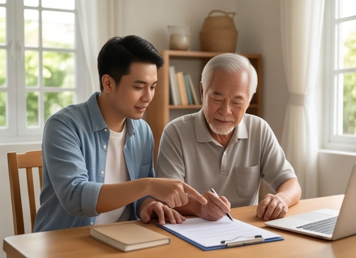 Con cháu hướng dẫn và trao đổi cặn kẽ cùng người lớn tuổi trước các thông tin giao dịch tài chính