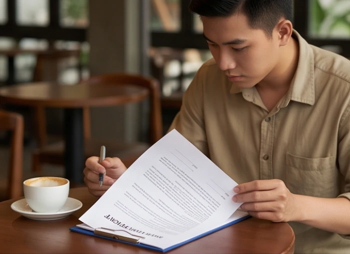 Sinh viên đang xem xét kỹ bản hợp đồng thuê nhà trước khi đặt bút ký